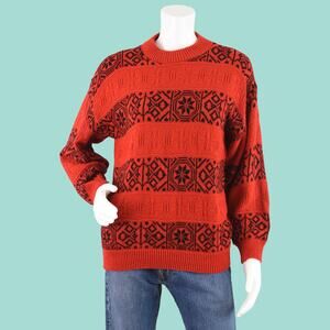 Vintage 80s Nordic Snowflake Red Mockneck Sweater, Women's Medium